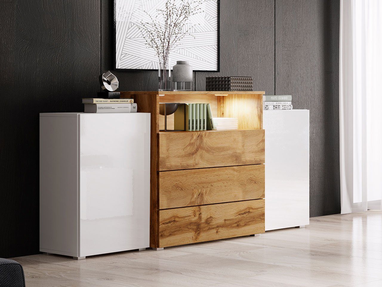Kommode Salsa In Sonoma Eiche - Modernes Sideboard Mit LED-Beleuchtung